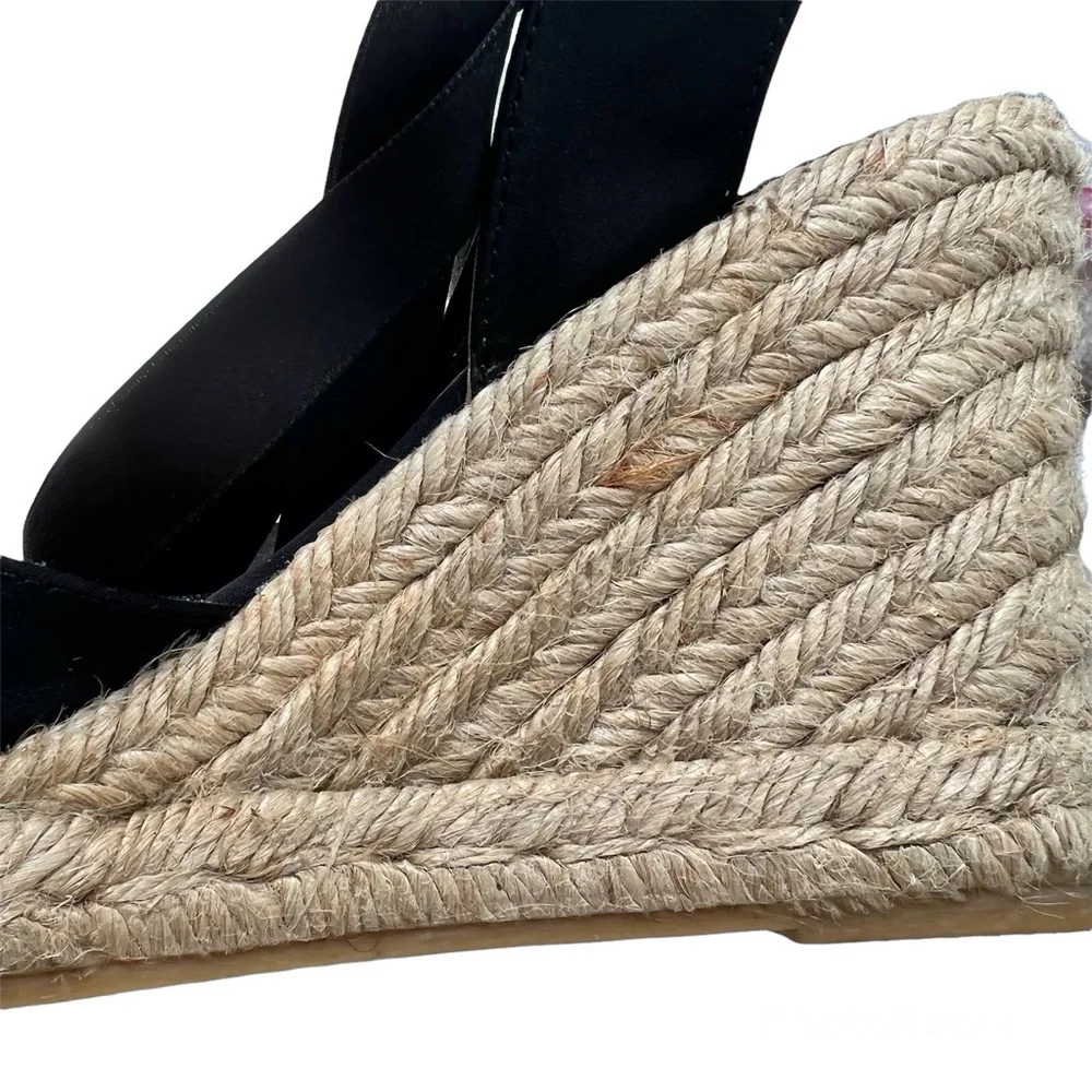 ANNE KLEIN BLACK SATIN WEDGE PEEP TOE ESPADRILLES W SATIN ANKLE WRAP & CRYSTALS